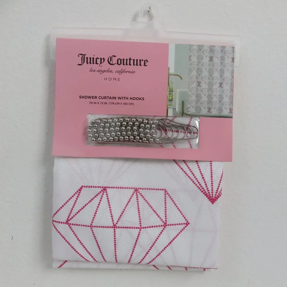 (#110) Juicy Couture White and Pink Shower Curtain with Hooks